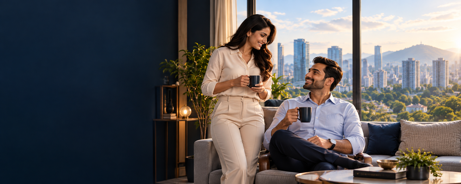 A couple enjoying coffee in a contemporary Pune apartment overlooking the city
